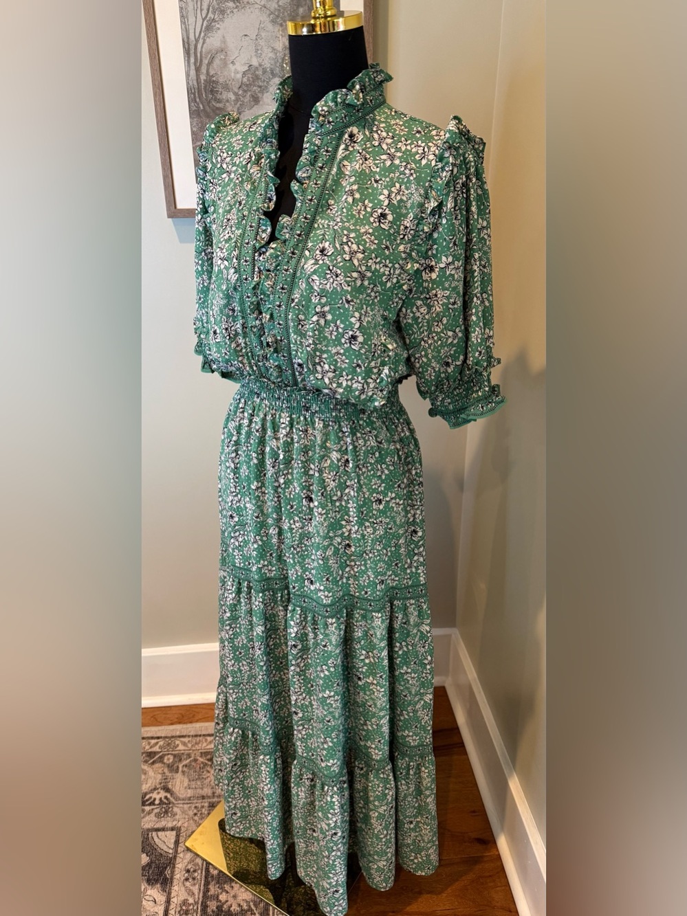 NWOT MAX STUDIO Green Floral Ruffle Cottagecore Maxi Dress L